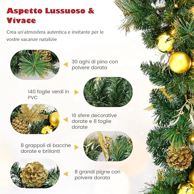 Ghirlanda Natalizia Artificiale Pre-Illuminata da 270 CM con Luci LED Bianco Caldo, Bacche & Palline & Fiori & Pigne Dorate, Decorazione Natalizia a Batteria per Interni ed Esterni