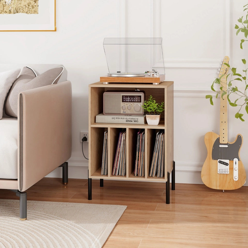 Supporto per giradischi con gambe in metallo, stazione di ricarica e porta USB, Mobile con mensola porta vinili Naturale-Scaffali e librerie