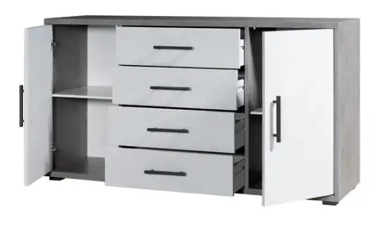 Credenza moderna 4 cassetti + 2 ante ossido+bianco cemento già montato L136 H78 P40