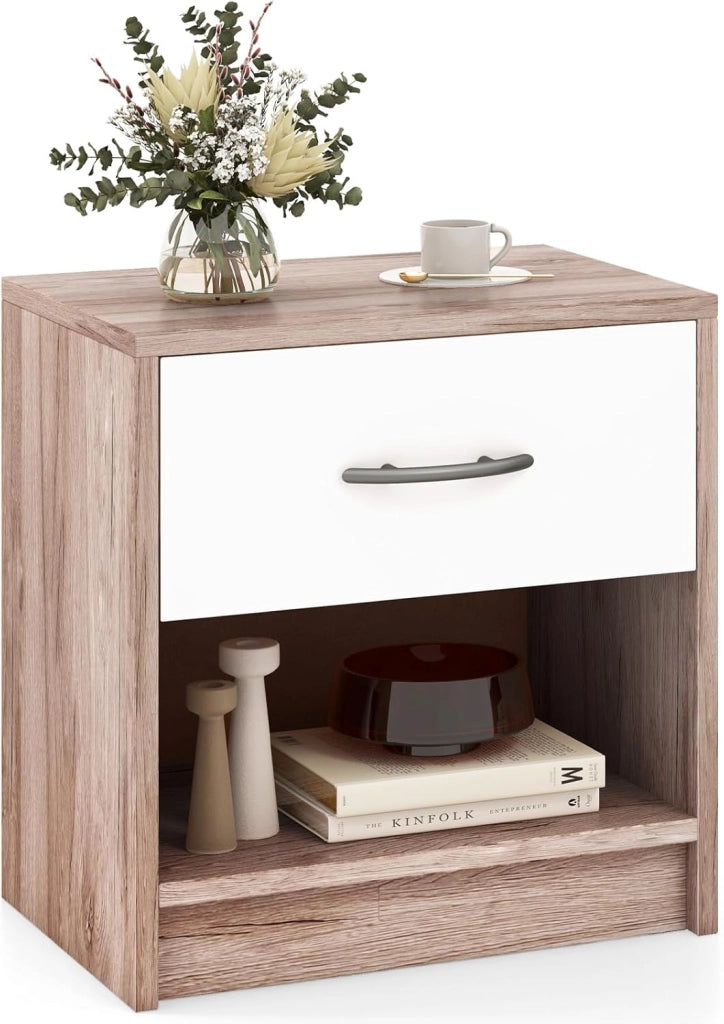 COSTWAY Comodino 38,5 x 28 x 40,5cm in Legno, Tavolino Salvaspazio con Scomparto Aperto e Casseto per Soggiorno e Camera da Letto (Naturale Scuro+Bianco)