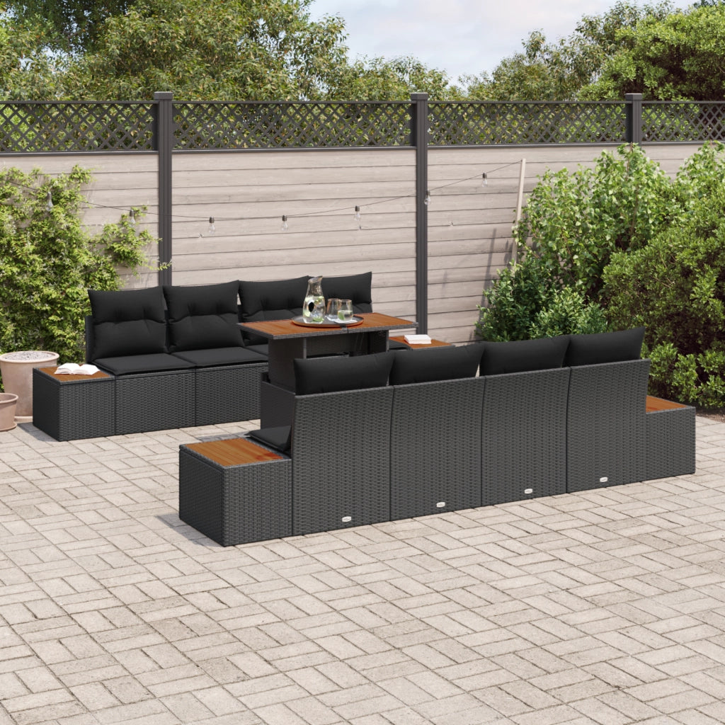 Set da Pranzo da Giardino in 9 Pezzi con Cuscini Nero Rattan Polimero Acacia