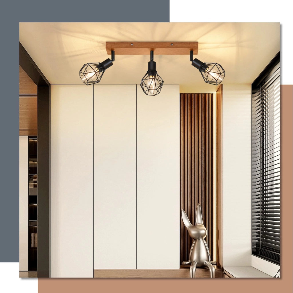 ZMH Faretto da soffitto legno nero 3 luci metallo rotanti 350° stile retrò max 25W per sale pranzo senza lampadina