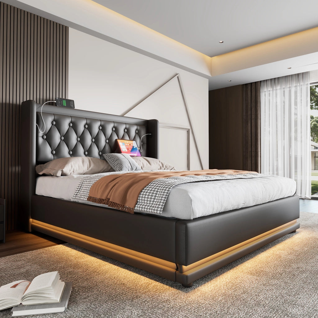 Letto matrimoniale 140x200 cm in PU nero con contenitore idraulico; LED e USB Type-C