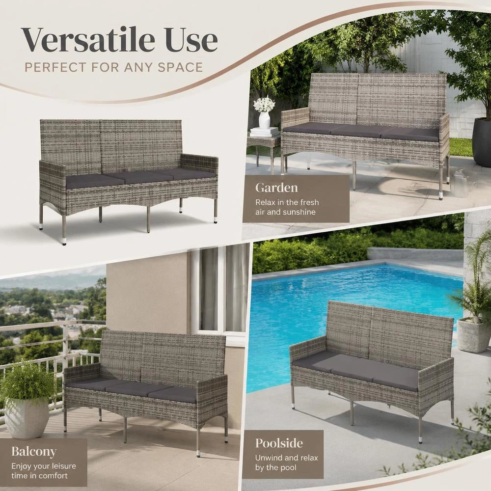 3-seater Garden Bench With Cushions, Grey Poly Rattan