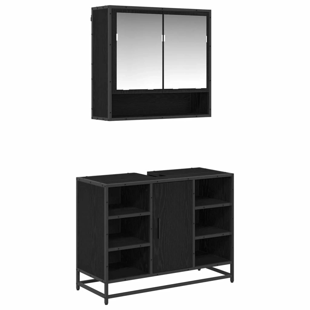 Set di mobili per il Bagno | Armadio da bagno 2 pz Rovere Nero Legno multistrato