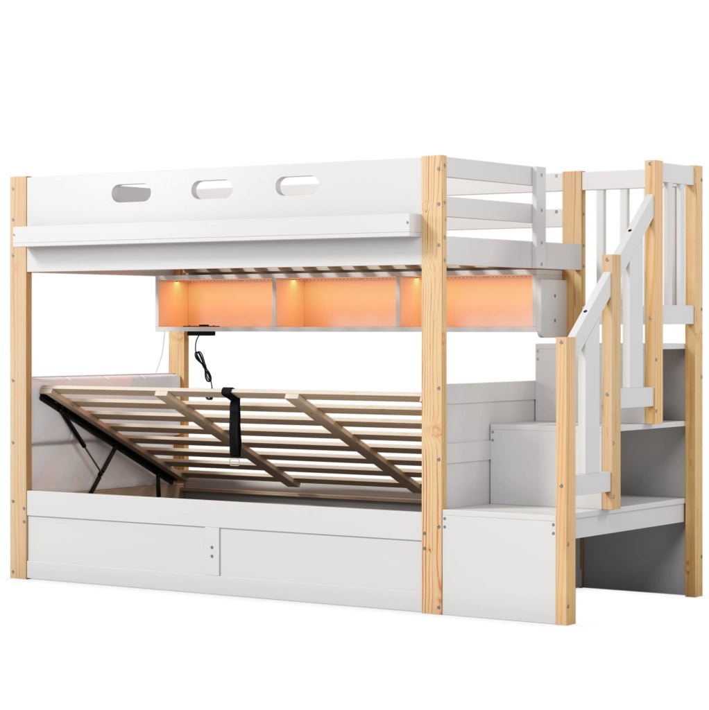 Letto a castello 90x200 cm in pino e MDF con contenitore idraulico; scala contenitore; bianco