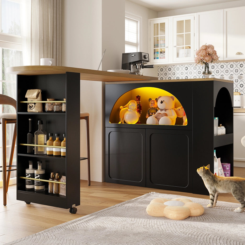 Tavolo Bar Alto con Contenitore; Ripiani Regolabili; LED; USB e Ruote per Cucina e Soggiorno; 135-205x39x100 cm