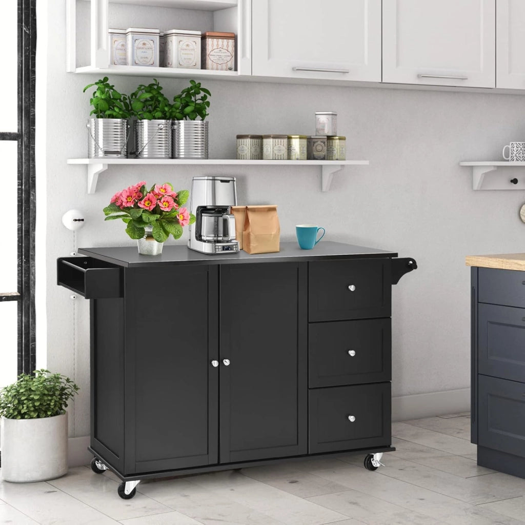 Isola da Cucina Mobile con Piano di Lavoro in Acciaio Inox, Carrello da Cucina con 3 Cassetti & Porta Asciugamani & Ripiano Regolabile, Armadio da Cucina su Ruote, Carrello da Cucina 135 x