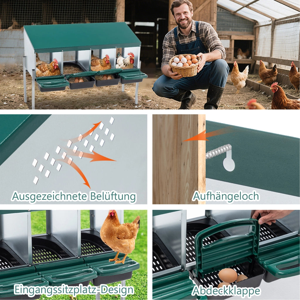 Scaffale con 4 nidi e coperchio di protezione per galline in acciaio zincato verde 24 × 26 cm