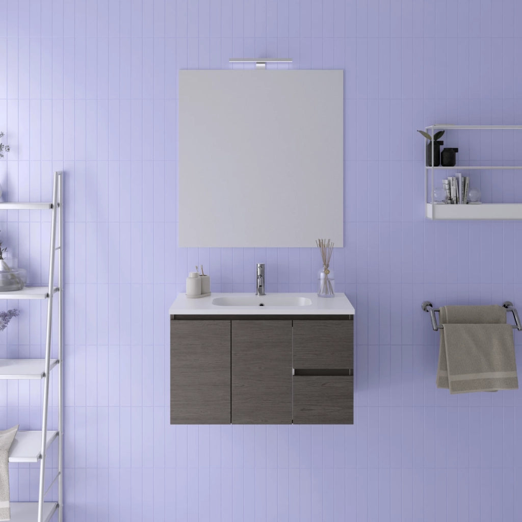 Mobile da bagno sospeso 80cm rovere scuro con lavabo e specchio | Rata