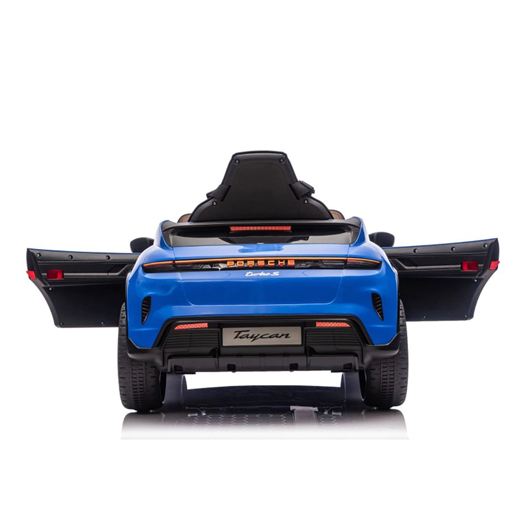Macchina Elettrica per Bambini Porsche Taycan Turbo S 12V con Telecomando Bluetooth Luci LED e Tappetini Blu