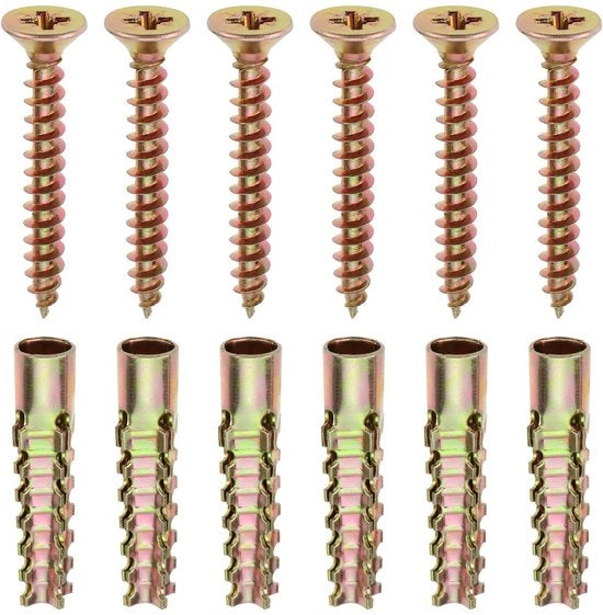 Kit di fissaggio per pareti in calcestruzzo, vuote o in legno - Contiene 50 pezzi - Incluso schermo di ombreggiamento - Contiene viti 5x40mm - Contiene tubo espansivo 6x32mm - Finitura in zinco