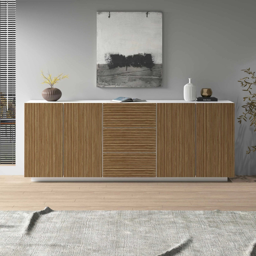WHOUS Credenza Coste a 4 ante e 3 cassetti bianco opaco e legno chiaro 220,1x43x86 cm
