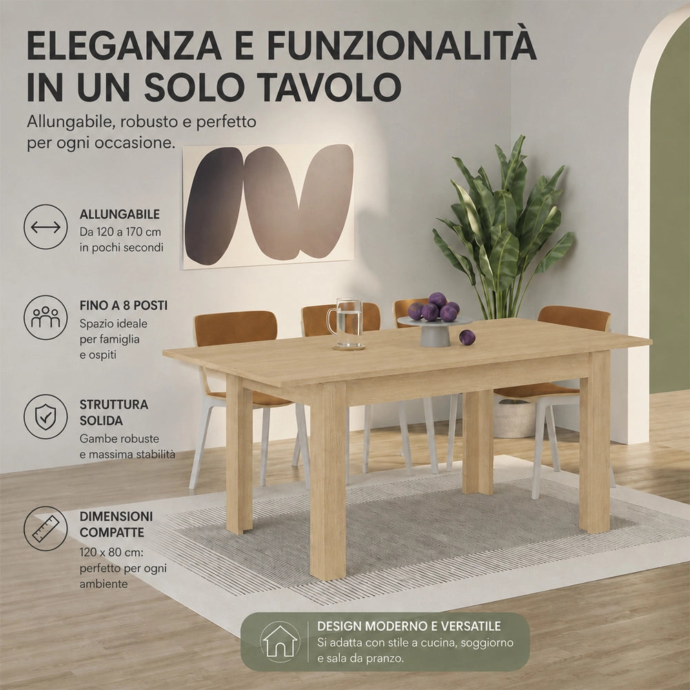 Tavolo da Pranzo 120x80 Allungabile fino a 170 cm Rettangolare in Legno Quercia