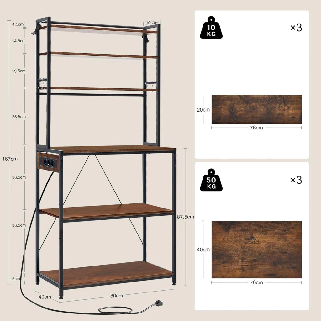 Scaffale da Cucina a 6 Livelli con Prese di Corrente, Scaffale per Microonde con Struttura in Metallo e Piano di Lavoro Aperto, Nero+Marrone Rustico, 80x39,5x167cm
