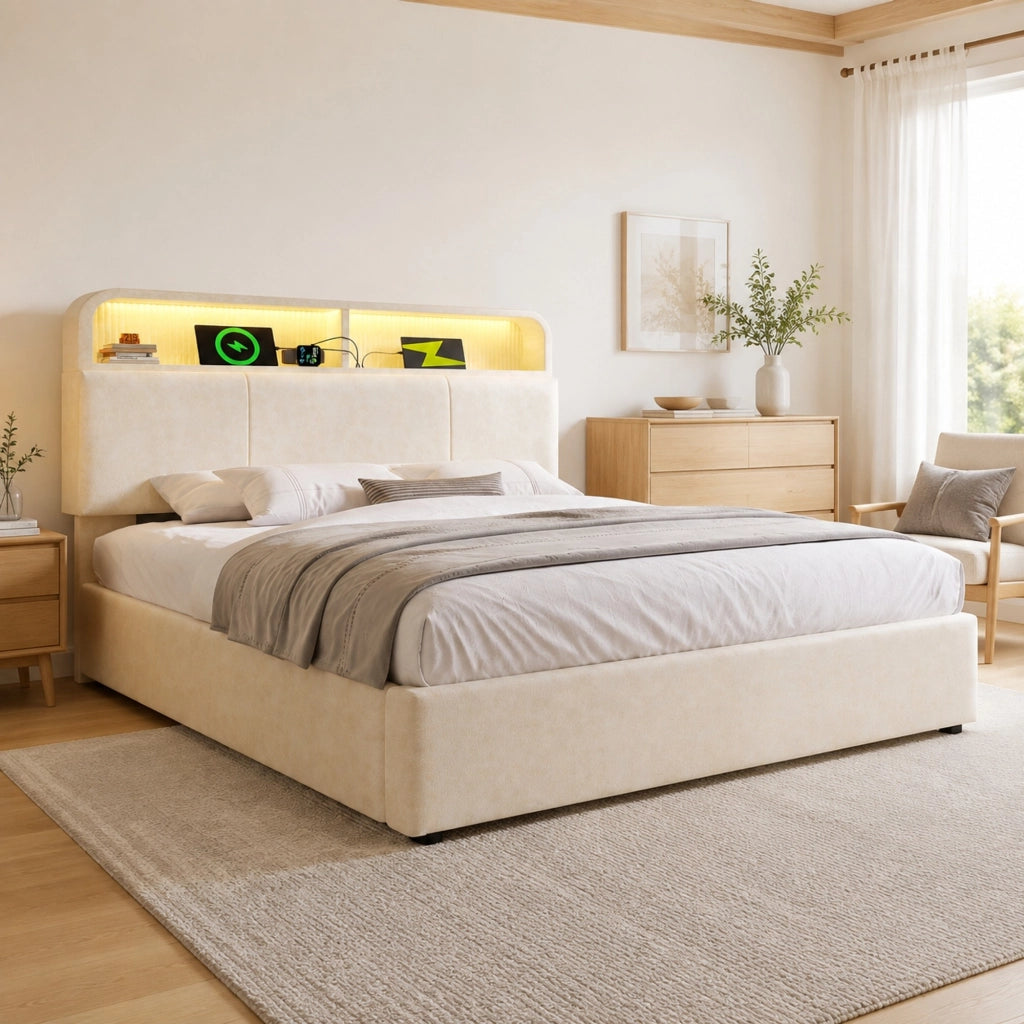 LETTO Matrimoniale 140x200 cm in velluto beige con testiera regolabile, LED e USB/Type-C