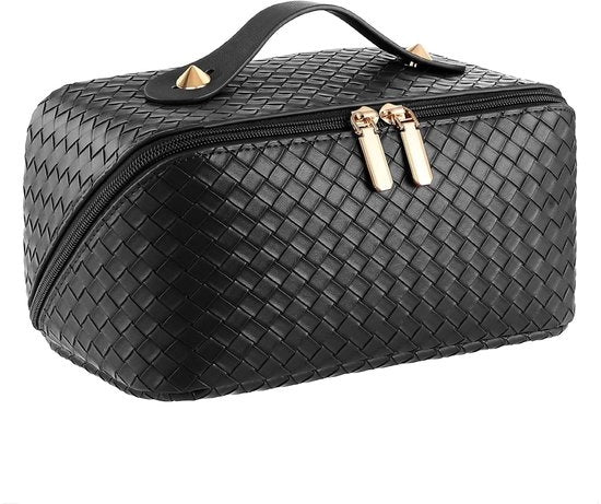 Borsa cosmetica grande, make-up, borse di pelle PU impermeabili con grande tas aperto largo per donne (nero minimalista)