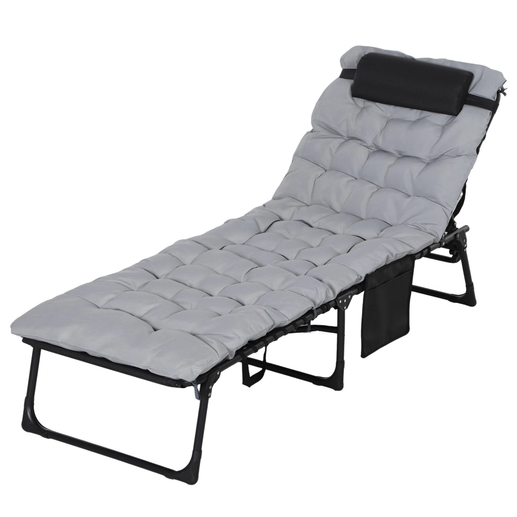 Lettino Prendisole Pieghevole con Cuscino, Poggiatesta e Tasca Laterale, 58x189x32.5 cm, Grigio Chiaro