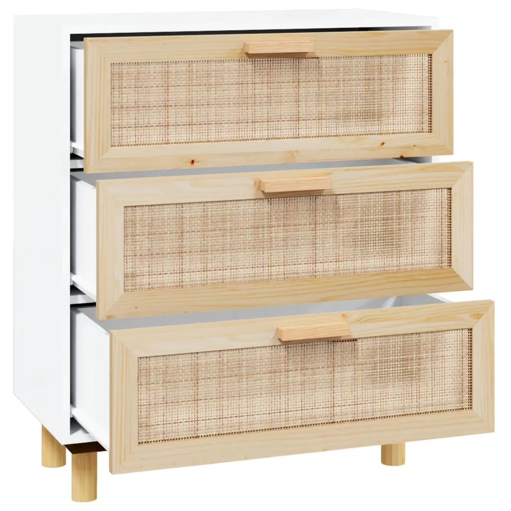 Credenza Bianca 60x30x70 cm Legno Massello Pino Rattan Naturale cod mxl 7714