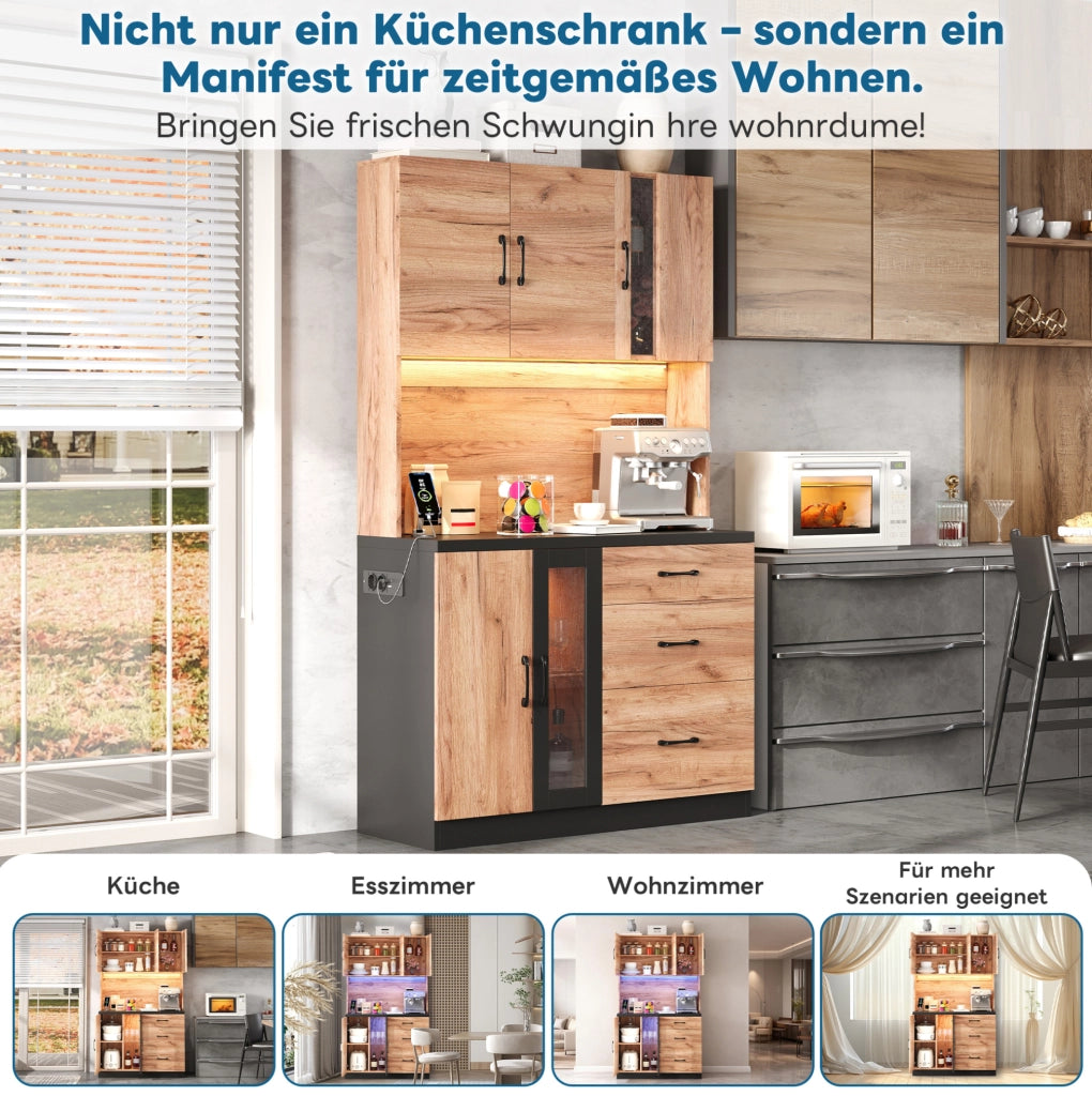 Colonna cucina in MDF con LED, prese USB e ante in vetro