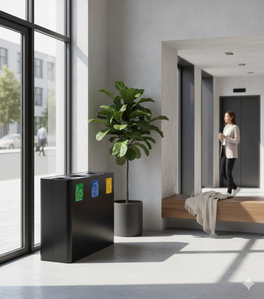 Pattumiera Sistema di Raccolta Rifiuti 90x30xh80 cm In Acciaio Verniciato 3 Scomparti Nero