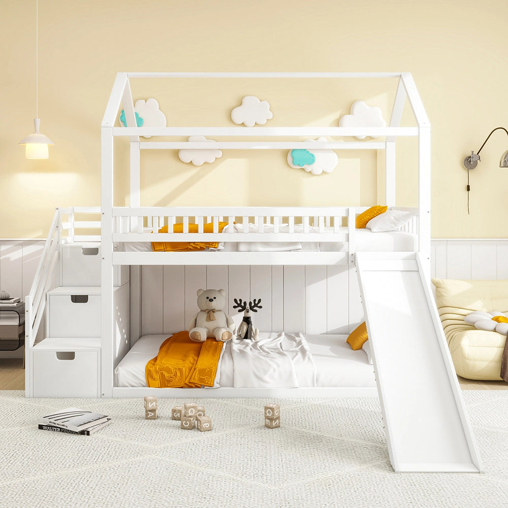 Letto a castello per bambini con scivolo - Xylo - 90x200 cm - Bianco - Scala di stoccaggio