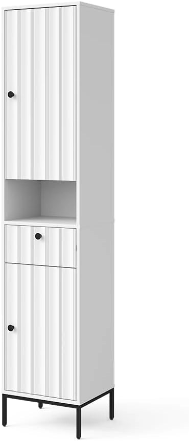 Armadio per il bagno Eliza, Ondulazione bianca, 40 x 190 cm con 2 porte, per la conservazione di accessori da bagno e combinabile con la serie Eliza