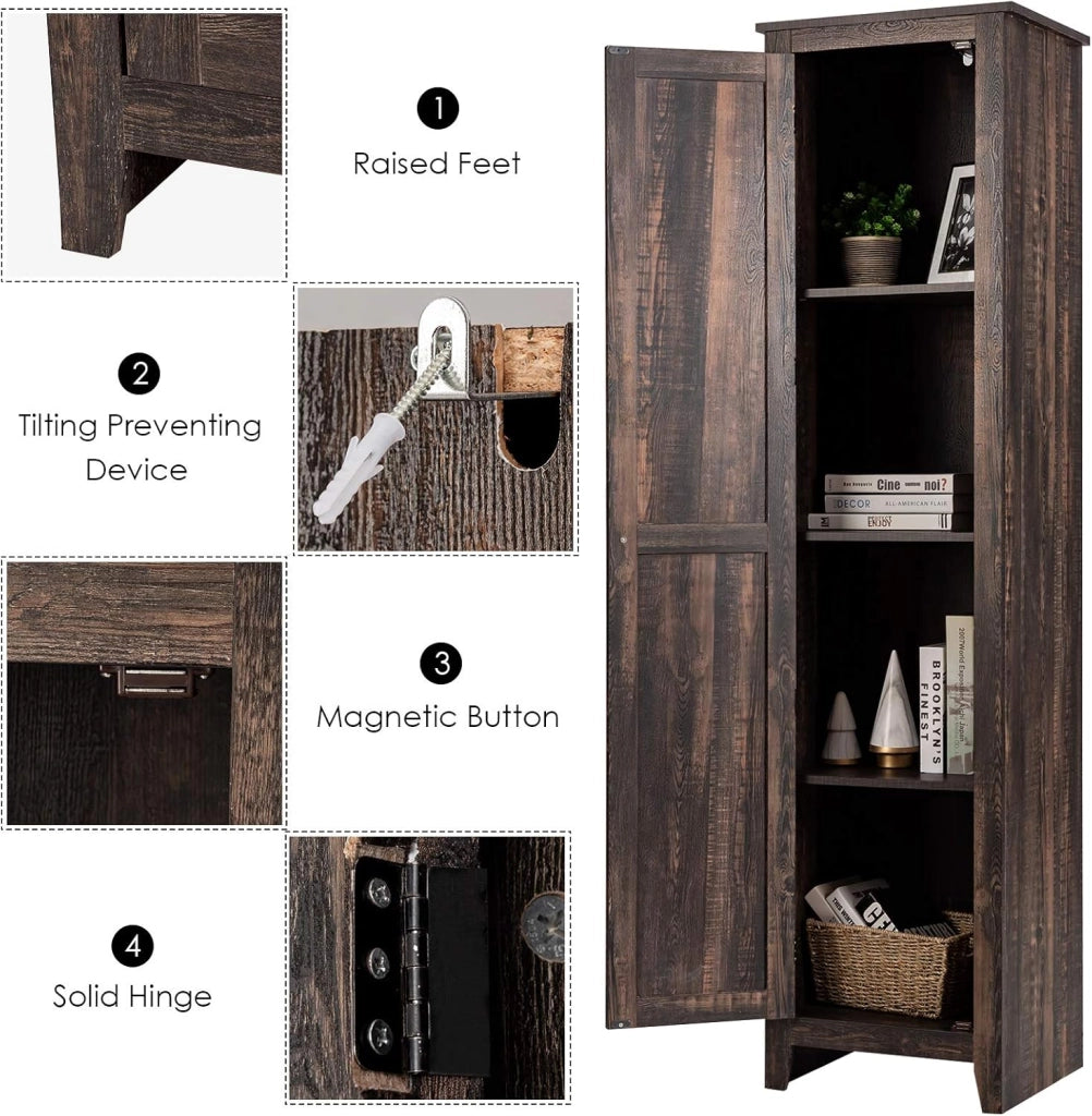 Armadio alto da 183 cm, armadio da bagno sottile con 1 anta e 4 ripiani, armadietto per cucina, soggiorno e bagno, armadio da cucina autoportante (marrone)