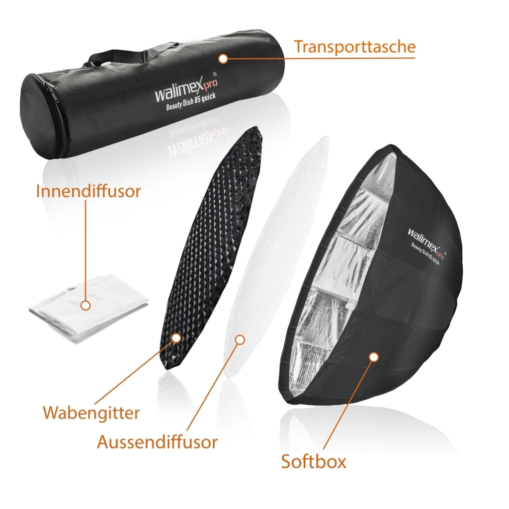 Studio Line Beauty Dish Softbox QA85 Beauty Dish Light Shaper, 85cm, profondità 40cm, pieghevole, con griglia, diffusore interno ed esterno, per flash da studio Speedlite 22455