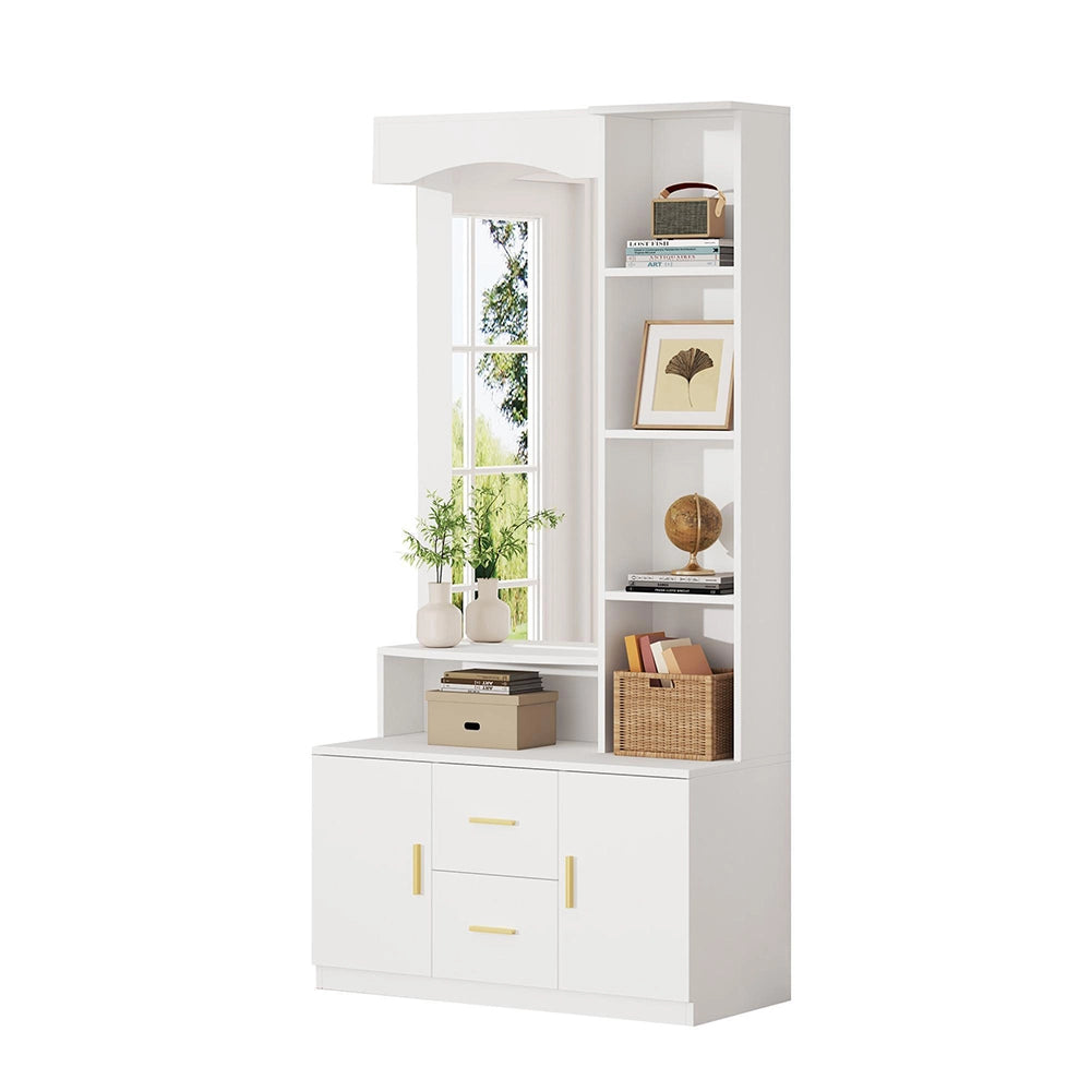 Armadio Ingresso 90x40x180cm - Xylo - con Specchio, 2 Ante e 2 Cassetti, Bianco