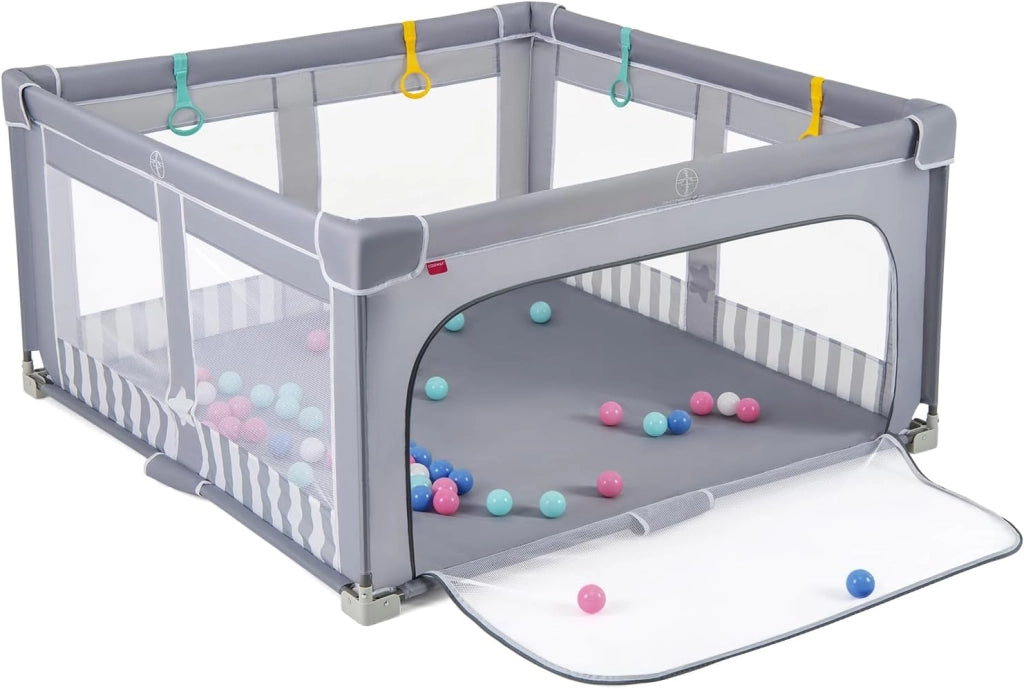 Box per Bambini 150 x 150 cm, Recinto per Neonati Pieghevole in Tessuto Oxford con Rete Traspirante, Centro Attività con 50 Palline, 4 Pezzi Anelli e Borsa (Grigio+Bianco, 150 x 150 cm)
