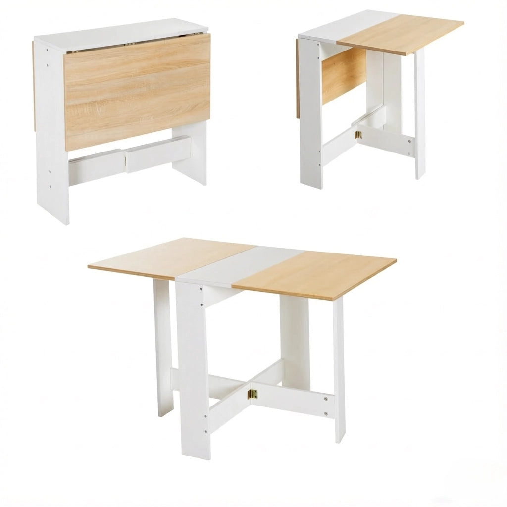 Tavolo allungabile con piano pieghevole, struttura in MDF, design bicolore rovere bianco, per cucina e soggiorno