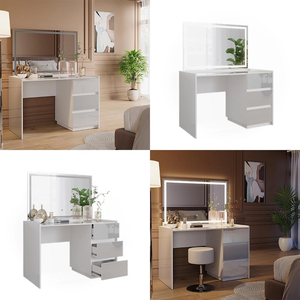 Tavolo da toilette Marla, Bianco lucido, 120 cm con specchio a LED, Ampia superficie del tavolo per trucco, gioielli e accessori per lo styling