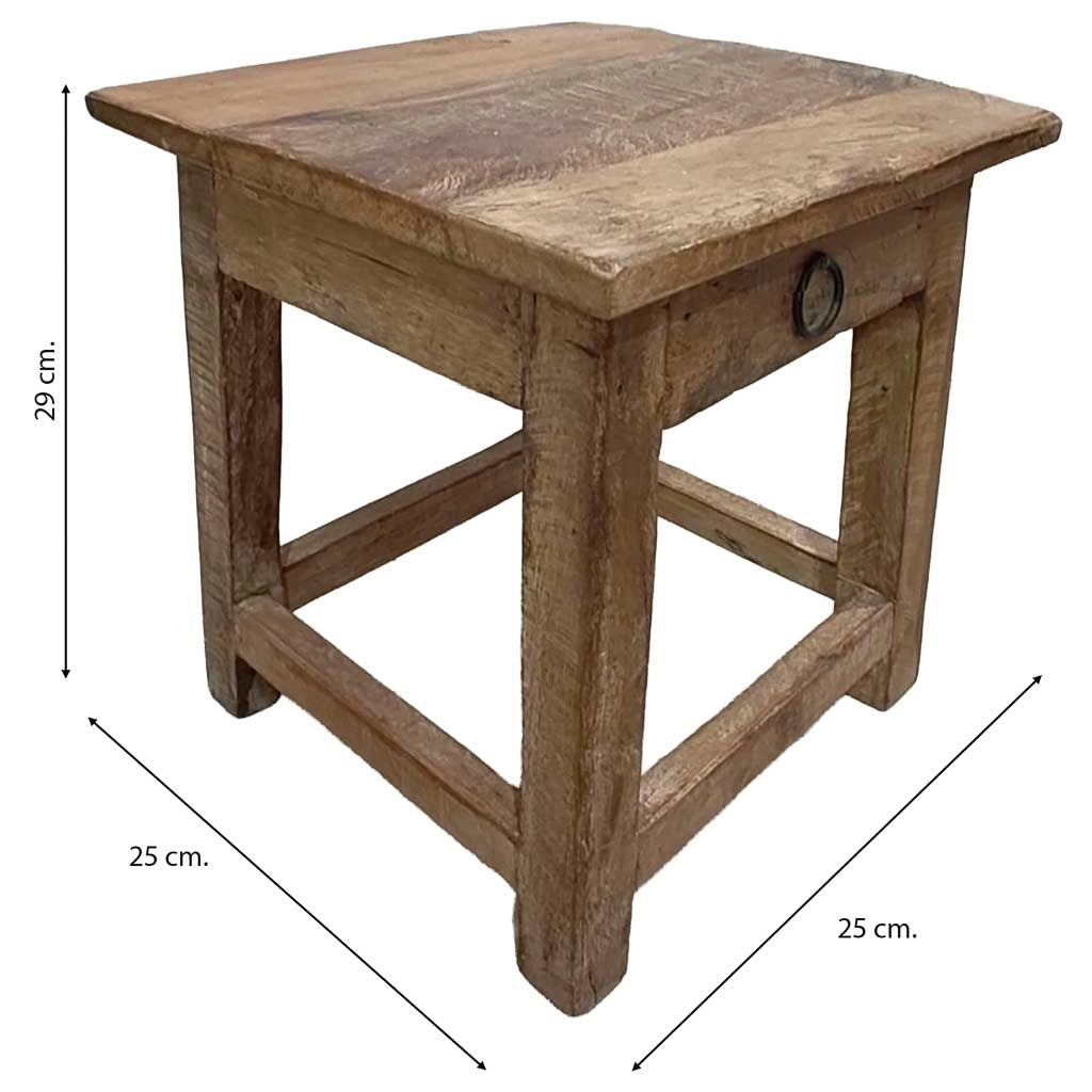 Sgabello con cassetto in legno con finitura artigianale marrone 25x25x29 h cm