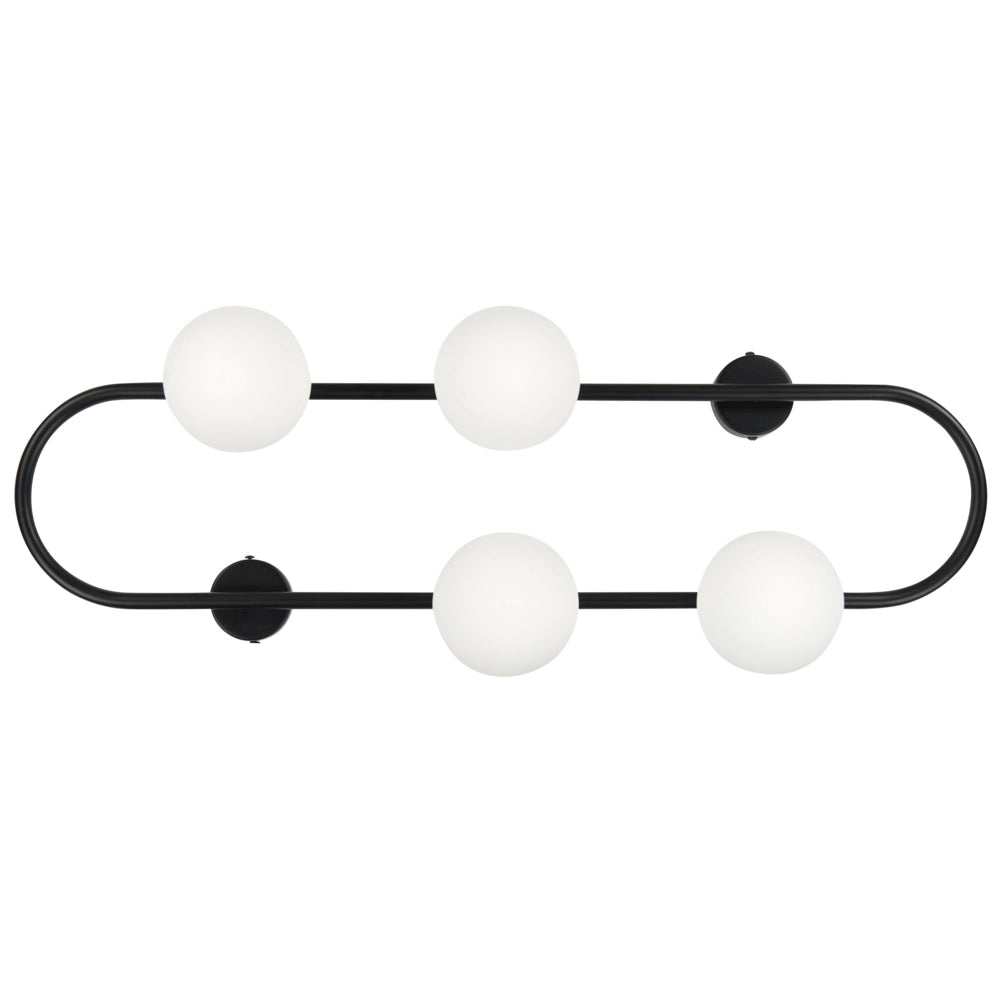 Lampada da parete con 4 luci a forma di globo e paralume in vetro base metallo nero opaco stile moderno
