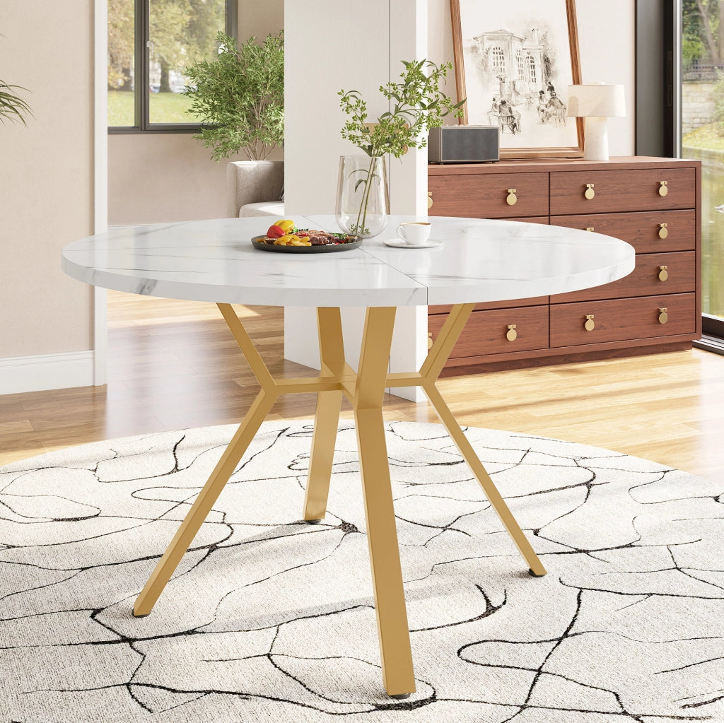 Tavolo da pranzo rotondo 100 cm con effetto marmo bianco e struttura in metallo dorato