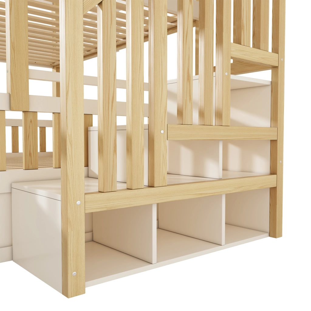 Letto a castello per bambini, 90/140 x 200 cm, con sponde di protezione e spazio contenitivo, bianco e color legno