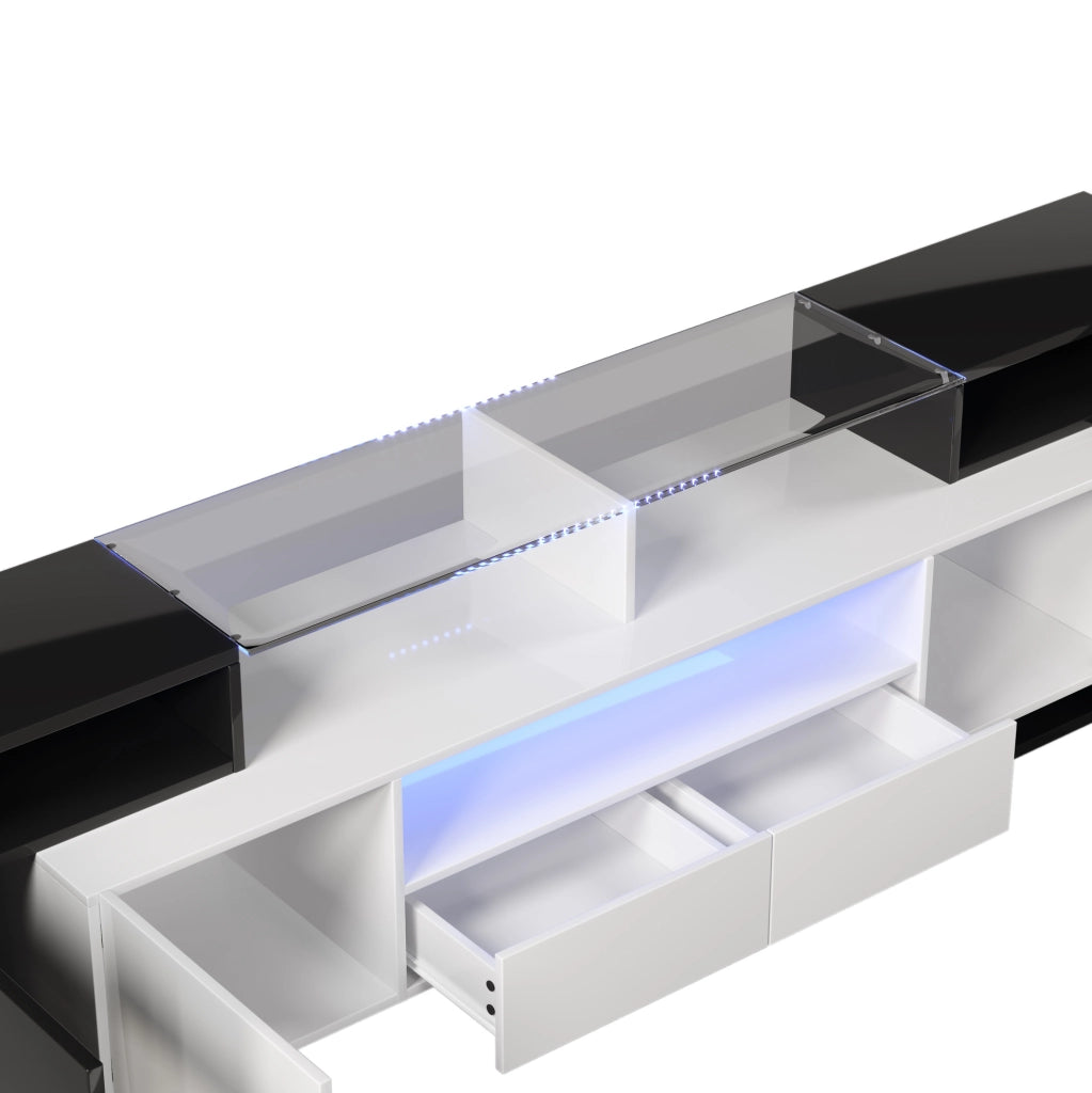 Mobile TV 200 cm con LED; 4 ante; 2 cassetti; 3 scomparti; nero e bianco
