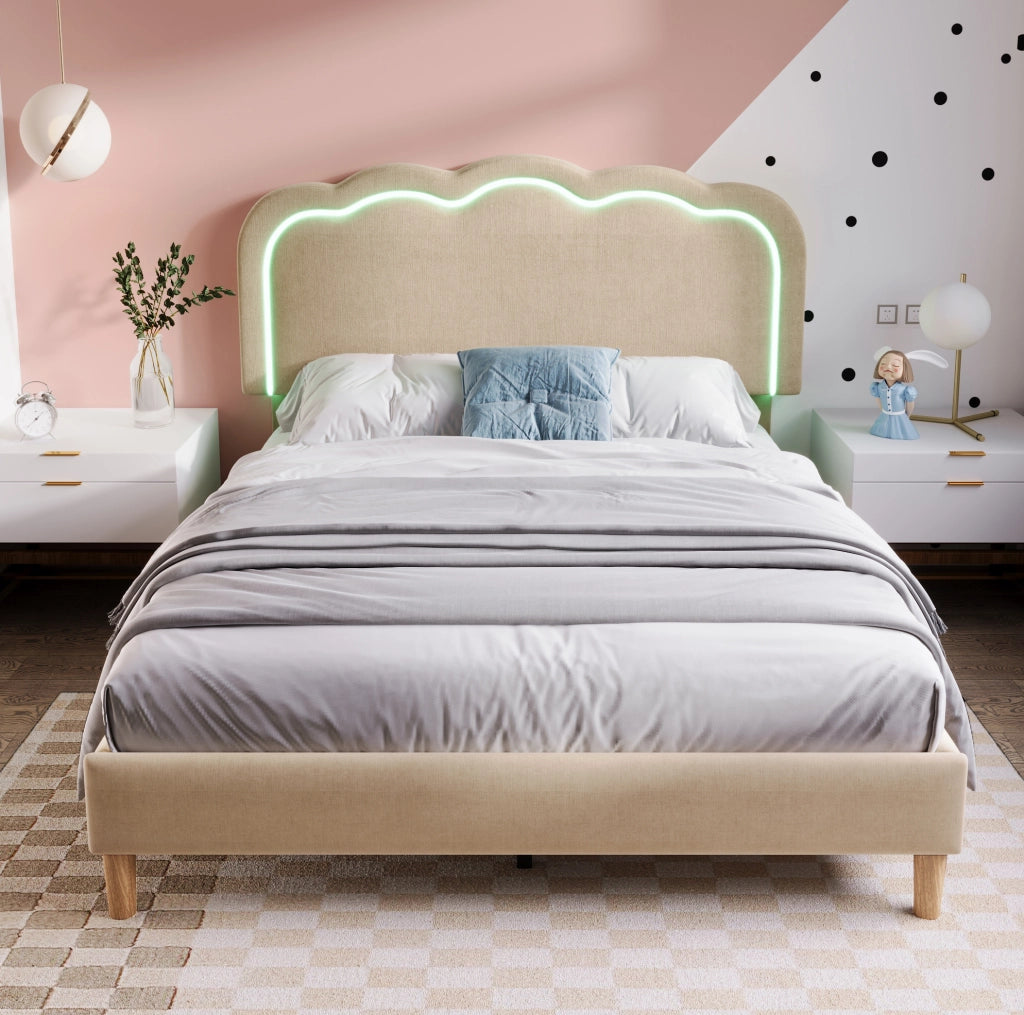 Letto imbottito LED 140x200 cm con testiera regolabile; lino beige