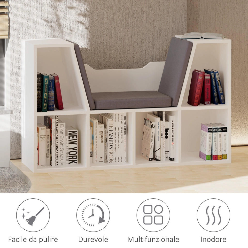 Mobile Libreria 102x30x61 cm a 6 Sezioni Seduta con Cuscini Morbidi in Legno Spugna e Poliestere Bianco