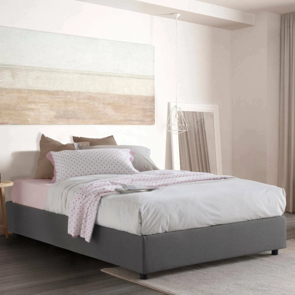 Letto matrimoniale Alaksir, Letto contenitore con rivestimento in tessuto, Made in Italy, Apertura frontale, con materasso cm 140x200 incluso, Grigio