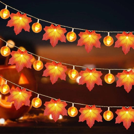 Lanterna a LED con foglie di acero per pumpkin - Luminaria a batteria per interni 3 m 20 LED - Halloween e Thanksgiving