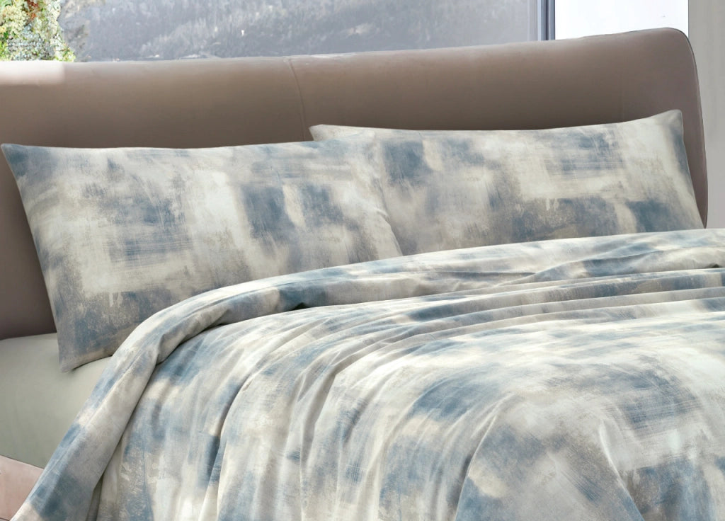 Completo Lenzuola Letto 100% Cotone Made In Italy Disegno Nebula - Singolo - Ottanio