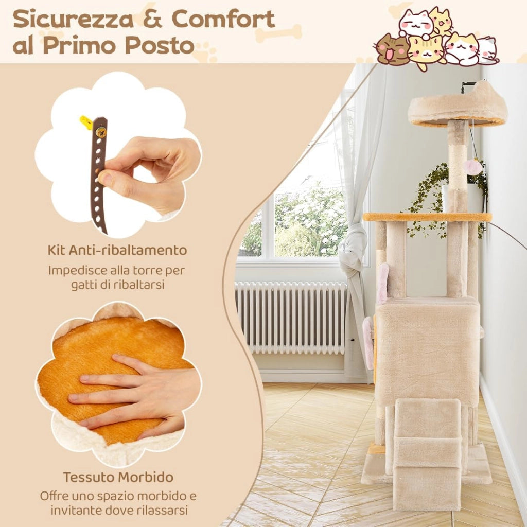 Albero per Gatti da Interno Alto 125 cm, Tiragraffi per Gatti a Più Livelli con Cuscino, Rifugio, Tiragraffi in Sisal a Forma di Pesce, Rampa, Pallina Pendente e Piattaforme