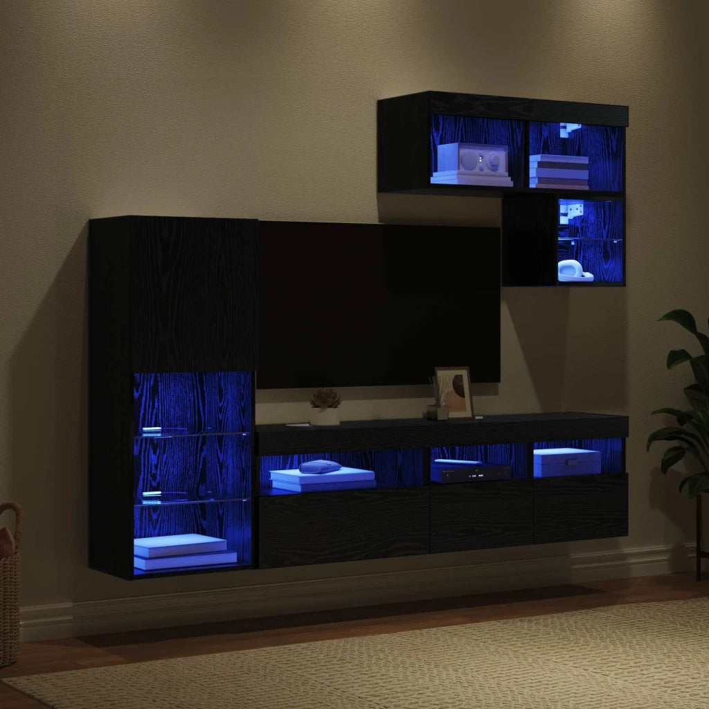 Mobile per TV a Muro 6 pz-Set di 6 Credenza per TV sospesa Rovere Nero Legno multistrato