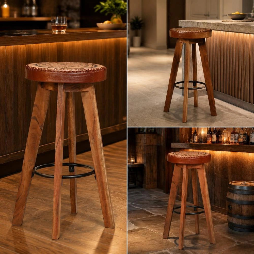Bar Stools, Set Of 2, Genuine Leather And Solid Acacia Wood