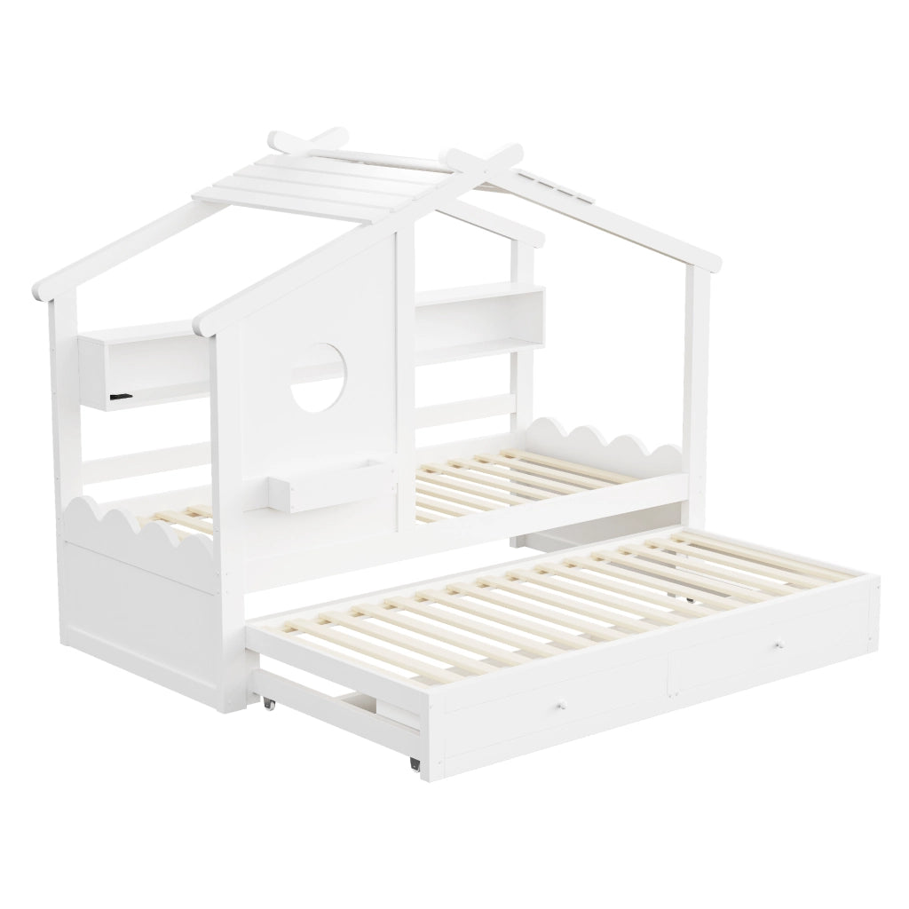 Letto Bambini con Letto Estraibile ¨C MINIMAL ¨C Bianco, LED, USB, Cassetti, 90x200