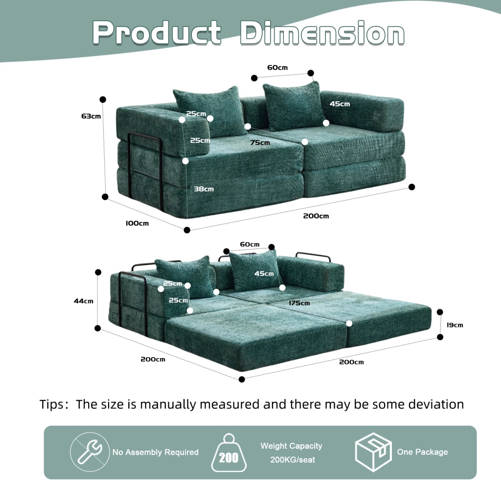 DIVANO Letto da Pavimento Pieghevole Modulare in Chenille Verde Scuro