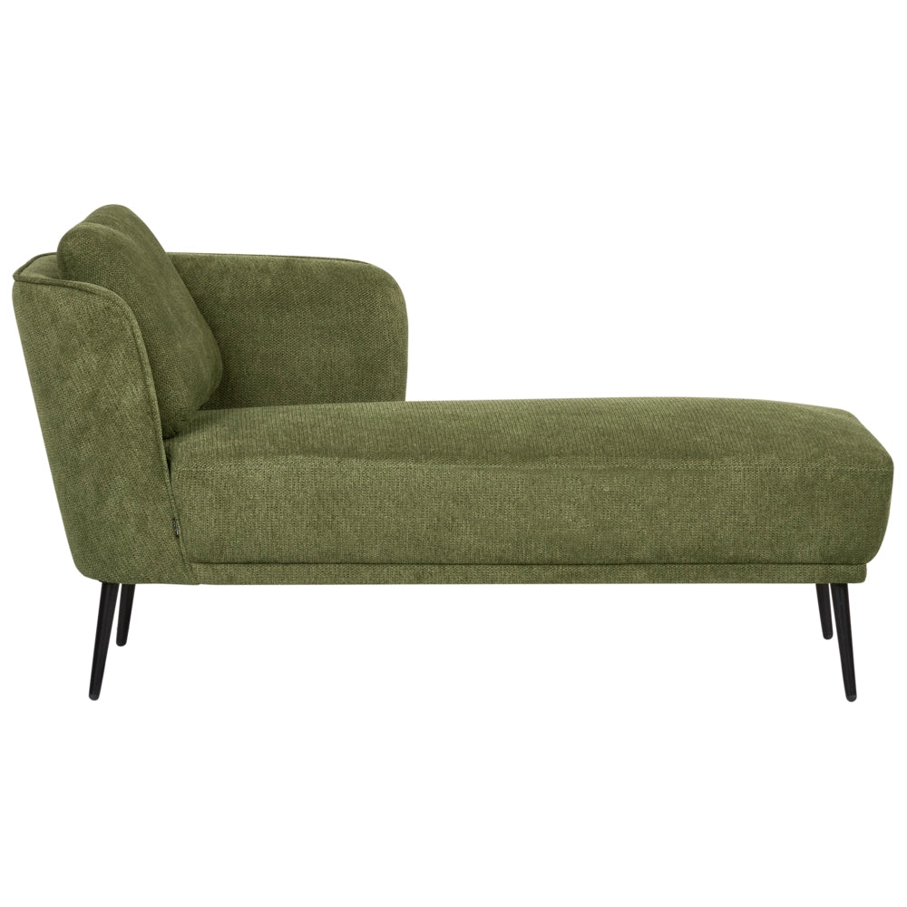 Chaise longue con cuscino verde scuro in tessuto bouclé lato sinistro stile retrò