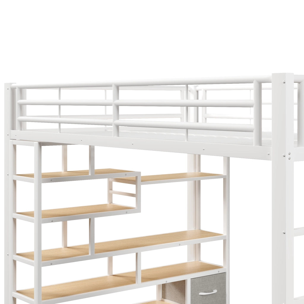 Letto a soppalco in metallo 140x200 cm con vani portaoggetti; scala integrata; LED; 2 cassetti in tessuto; bianco
